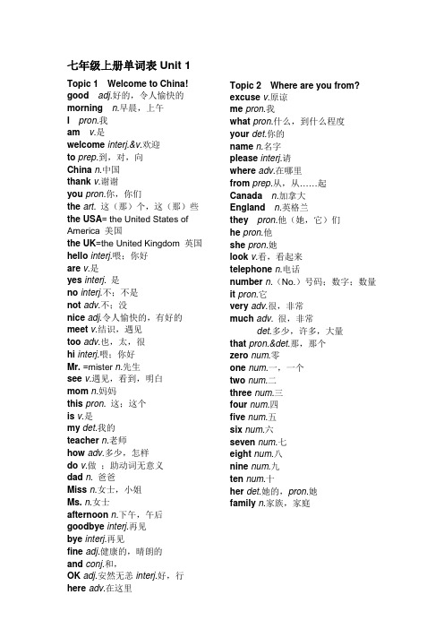 最新版仁爱英语七年级上册unit1 单词表