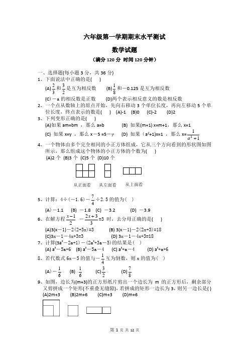 最新鲁教版(五四制)六年级数学上册期末试题