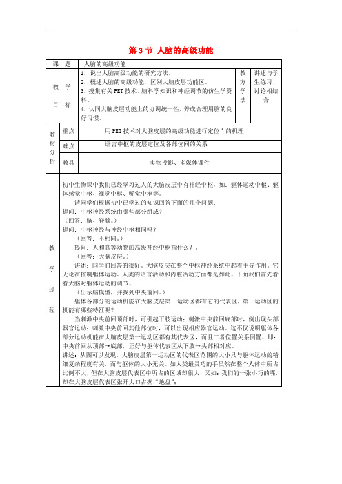 高中生物 第一单元 生物个体的稳态与调节 第三章 动物稳态维持的生理基础 1.3.3 人脑的高级功能