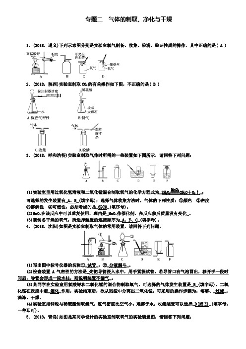 中考化学九年级总复习考点突破：专题二气体的制取净化与干燥