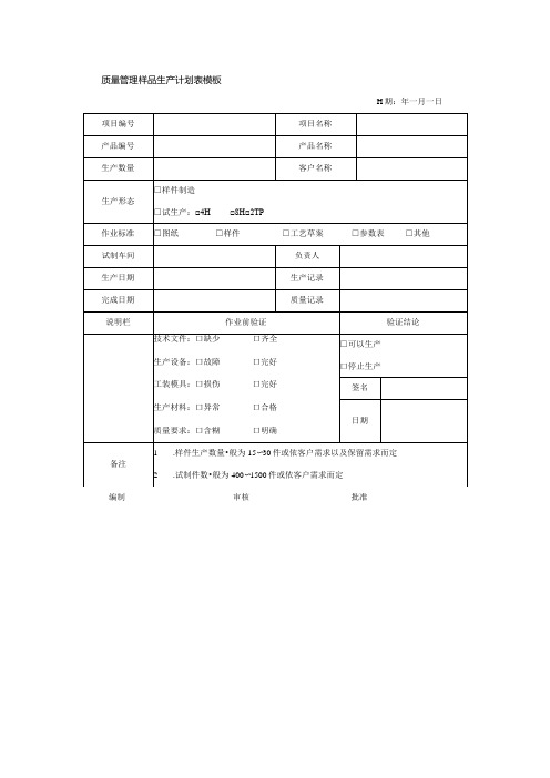 质量管理样品生产计划表模板