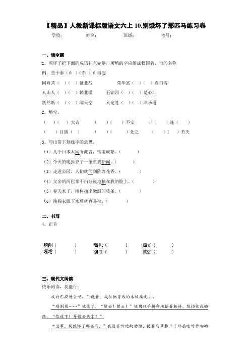 小学人教新课标版语文六上10.别饿坏了那匹马练习卷(含答案解析)