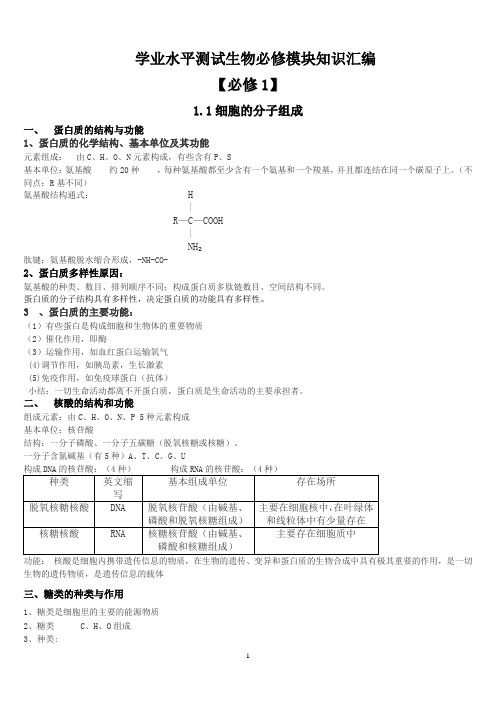 安徽省学业水平测试  生物知识点总结(按考纲)提纲