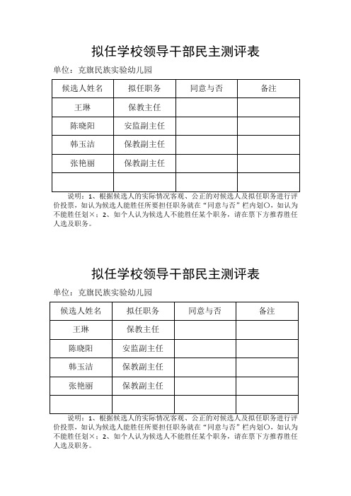 拟任学校领导干部民主测评表