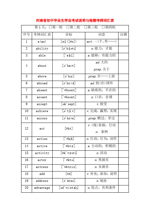 河南省2019年中考英语总复习早读材料学业考试说明与检测词汇表(含答案解析)