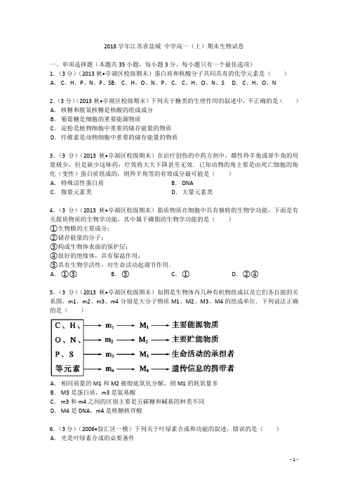 江苏省盐城中学2018学年高一生物上学期期末试卷(含解析)