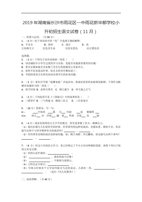 2019年湖南省长沙市雨花区一中雨花新华都学校小升初招生语文试卷(11月)