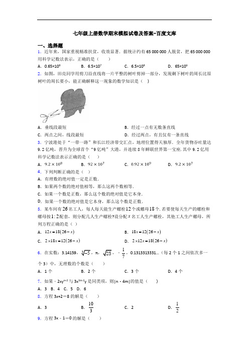 七年级上册数学期末模拟试卷及答案-百度文库