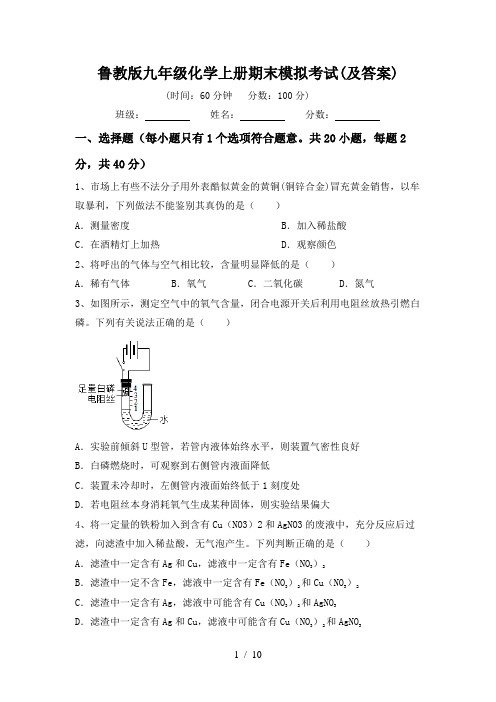 鲁教版九年级化学上册期末模拟考试(及答案)