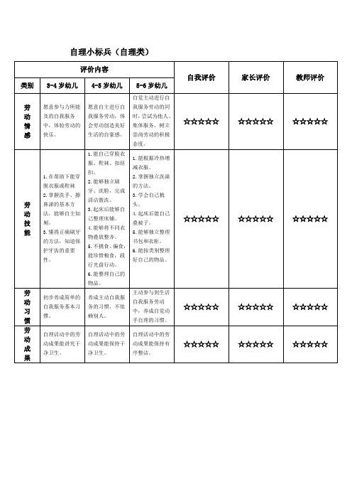 劳动自理幼儿评价表