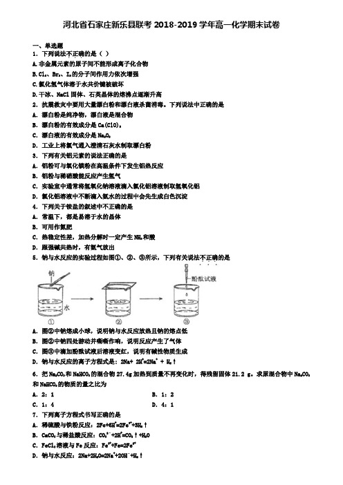 河北省石家庄新乐县联考2018-2019学年高一化学期末试卷