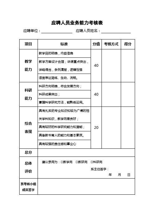 应聘人员业务能力考核表