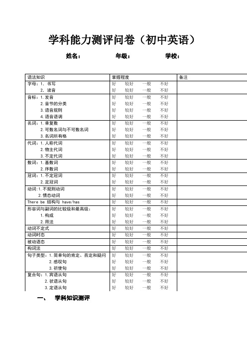 学科能力测评问卷(初中英语)