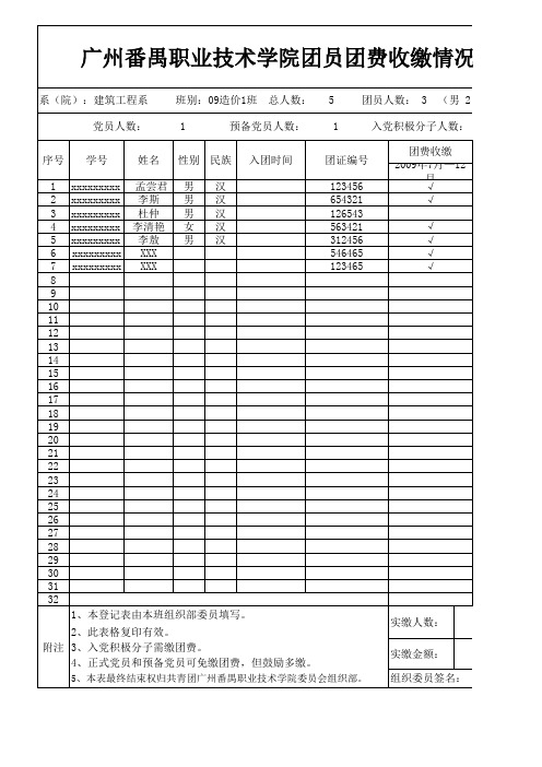 团费收缴情况登记表模版