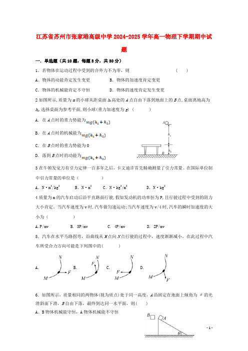 江苏省苏州市张家港高级中学2024_2025学年高一物理下学期期中试题