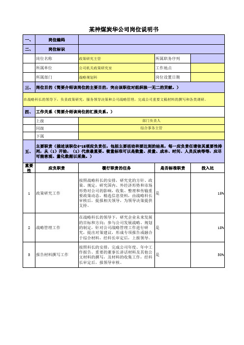 某央企煤炭集团岗位职责梳理表政策研究室战略规划科政策研究主管