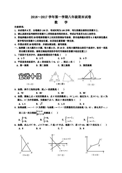 2016-2017学年苏科版八年级数学上册期末考试测试卷及答案