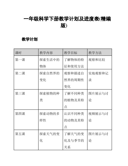 一年级科学下册教学计划及进度表(精编版)