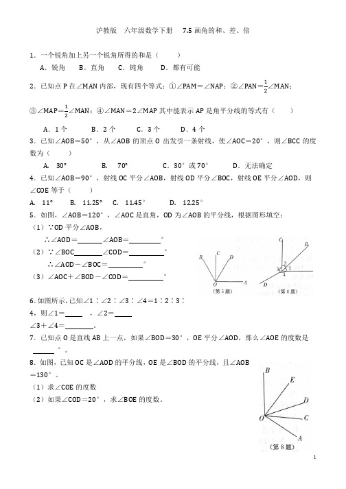 沪教版 六年级数学下册 第七章 7.5 画角的和、差、倍