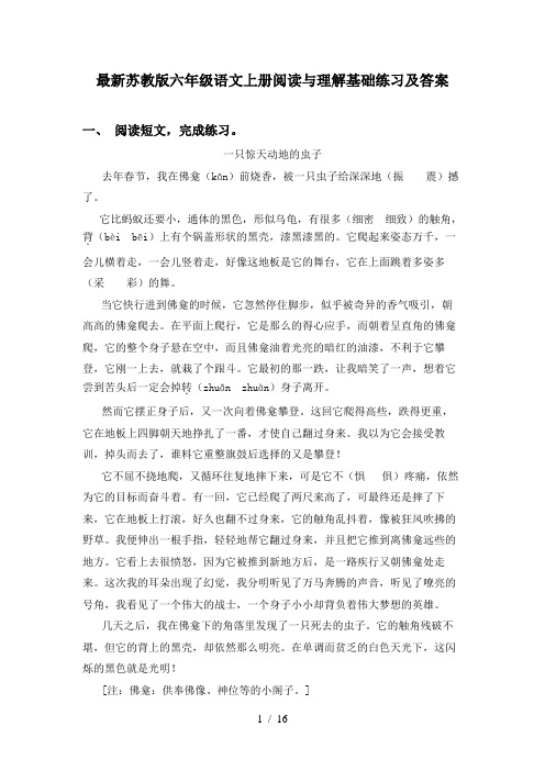 最新苏教版六年级语文上册阅读与理解基础练习及答案