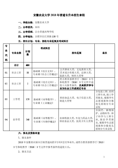 安徽农业大学2018年普通专升本招生章程