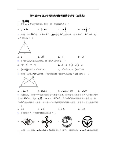 苏科版八年级上学期阳光指标调研数学试卷(含答案)