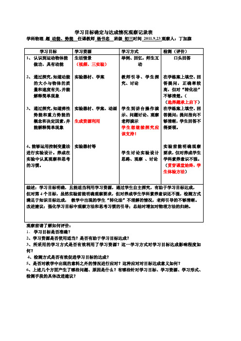 学习目标确定与达成情况观察记录表