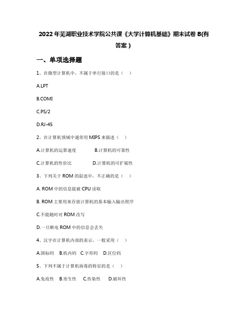 2022年芜湖职业技术学院公共课《大学计算机基础》期末试卷B(有答案)