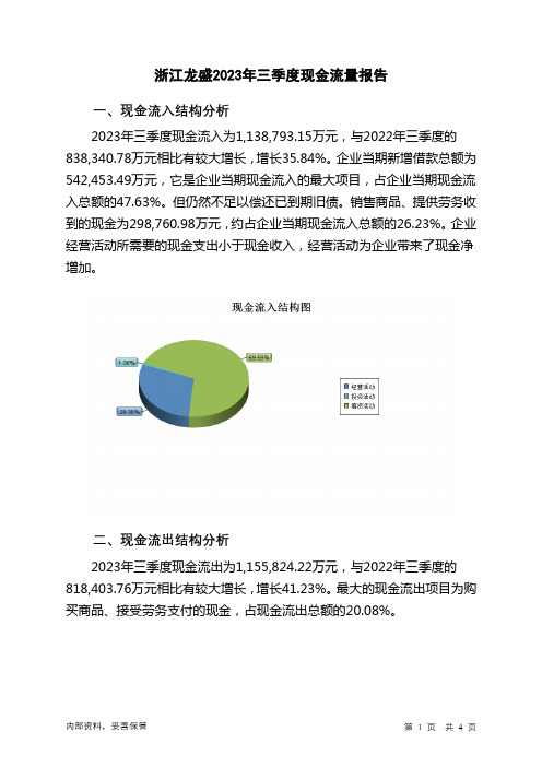 600352浙江龙盛2023年三季度现金流量报告