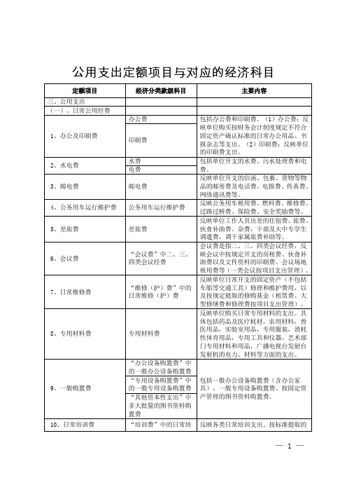 公用支出定额项目与对应的经济科目