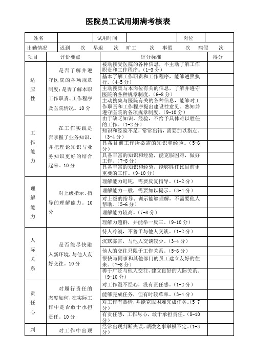 医院员工试用期考核表