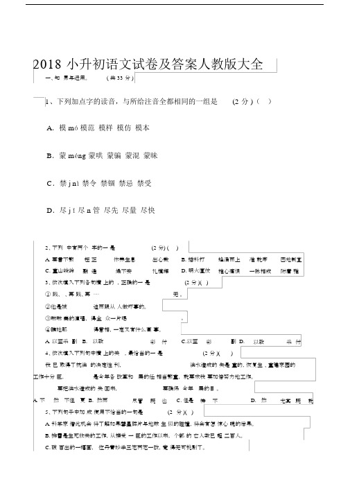 小升初语文试卷及标准答案人教版大全.docx