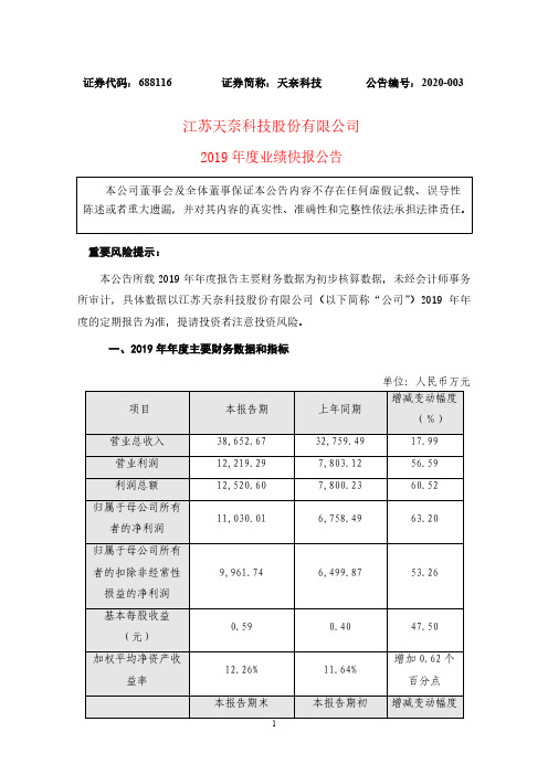 天奈科技：2019年度业绩快报公告