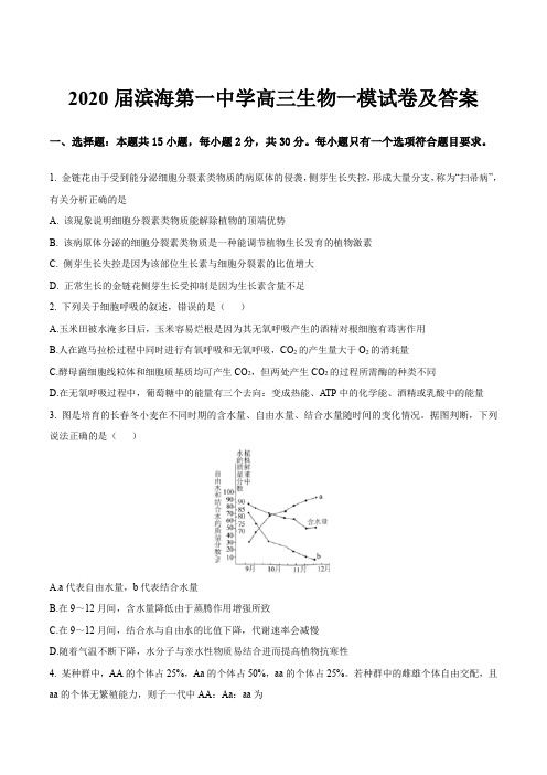 2020届滨海第一中学高三生物一模试卷及答案