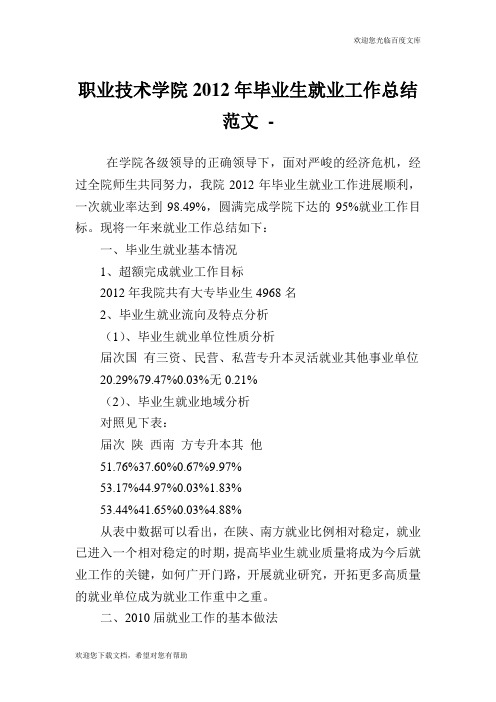 职业技术学院2012年毕业生就业工作总结范文.doc
