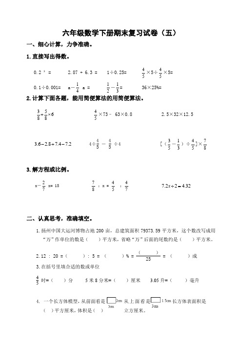 苏教版2022-2023扬州市育才小学六年级数学下册期末复习试卷(五)及答案