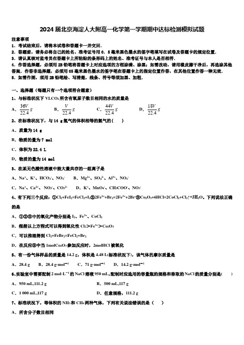 2024届北京海淀人大附高一化学第一学期期中达标检测模拟试题含解析