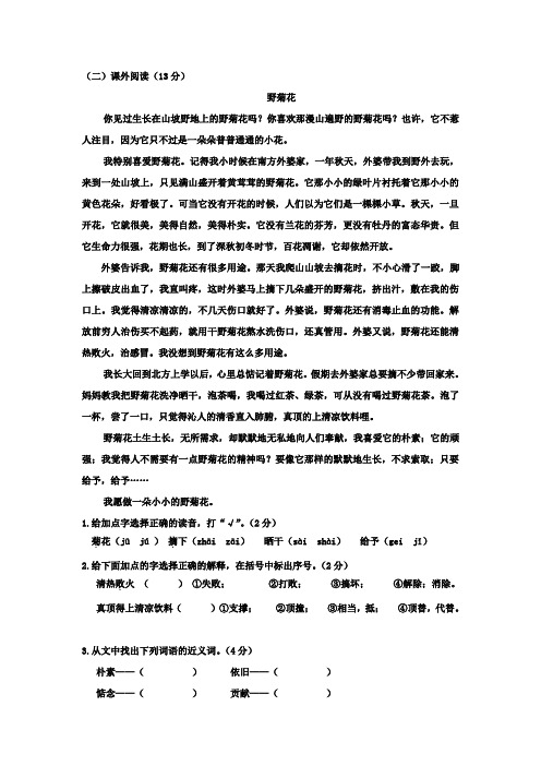 《野菊花》阅读练习及答案