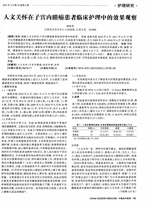 人文关怀在子宫内膜癌患者临床护理中的效果观察