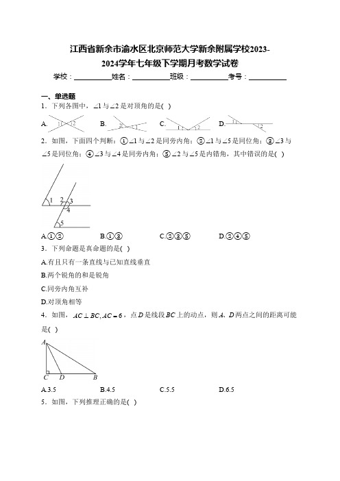 江西省新余市渝水区北京师范大学新余附属学校2023-2024学年七年级下学期月考数学试卷(含解析)