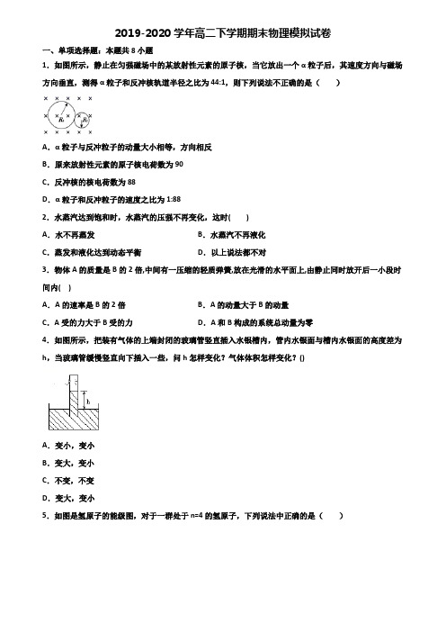 广东省韶关市2019-2020学年高二第二学期期末物理复习检测试题