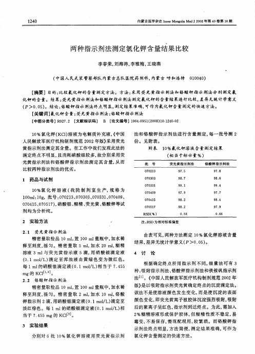 两种指示剂法测定氯化钾含量结果比较