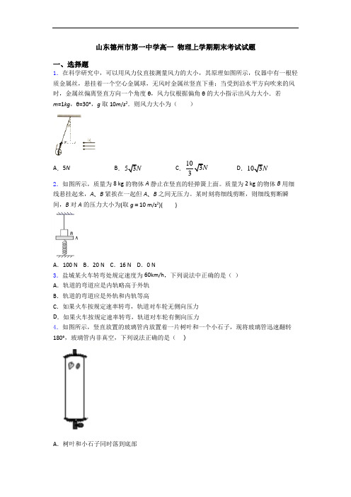 山东德州市第一中学高一 物理上学期期末考试试题