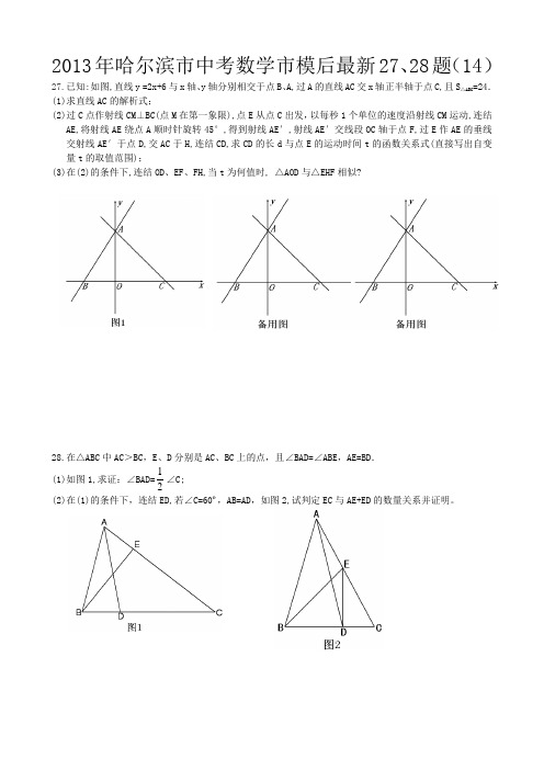 2013年哈尔滨市中考数学市模后最新27、28题(14)