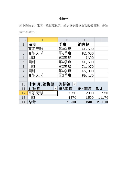 数据透视表Excel实验