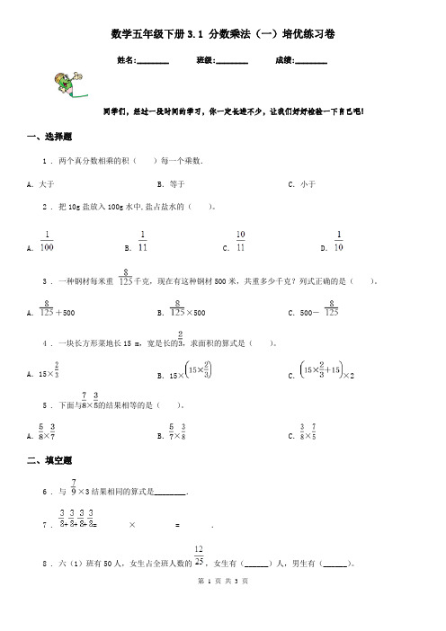 数学五年级下册3.1 分数乘法(一)培优练习卷