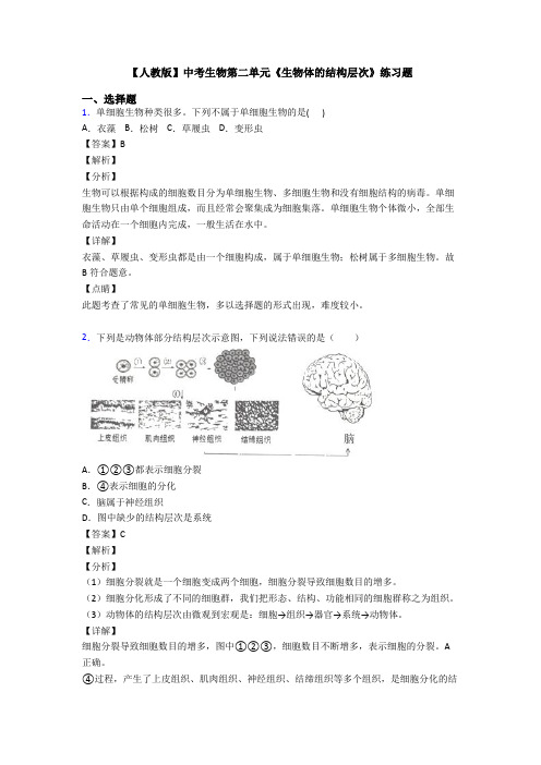 【人教版】中考生物第二单元《生物体的结构层次》练习题