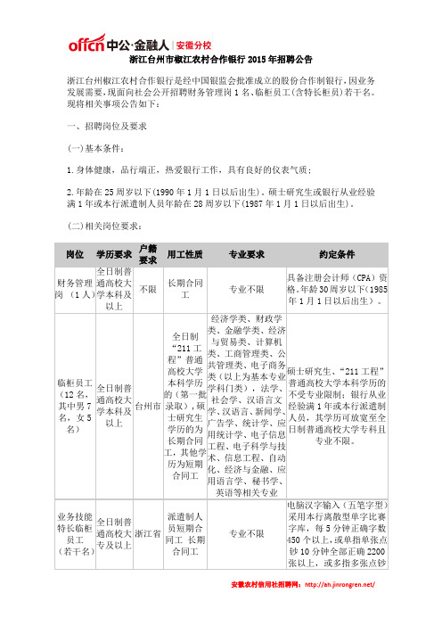 浙江台州市椒江农村合作银行2015年招聘公告