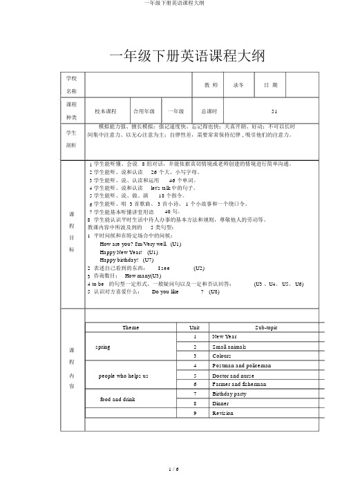 一年级下册英语课程纲要