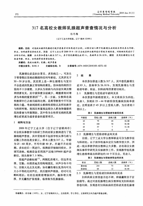 317名高校女教师乳腺超声普查情况与分析